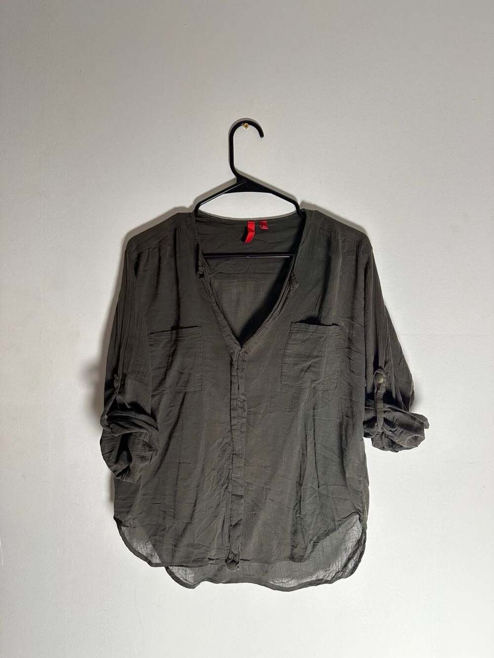 5|48 Olive Green Cotton Gauze Roll-Tab Sleeve Shirt Size XS